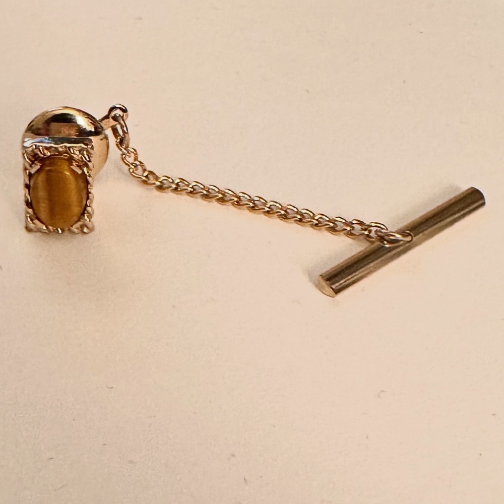 Vintage Gold Tone with Tigers Eye Stone Centered Tie Tack with Chain